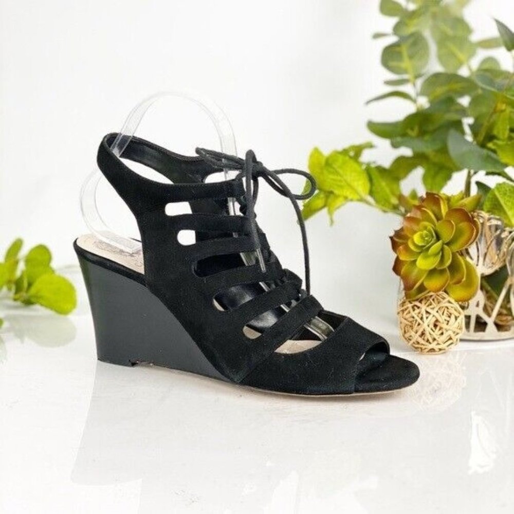 Vince Camuto Women's Lizbeth Sandal Size 9.5 Wedge Gladiator Lace Up Black Suede